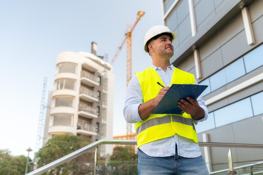 Construction Engineer in hardhat writing notes on clipboard at construction site inspecting building